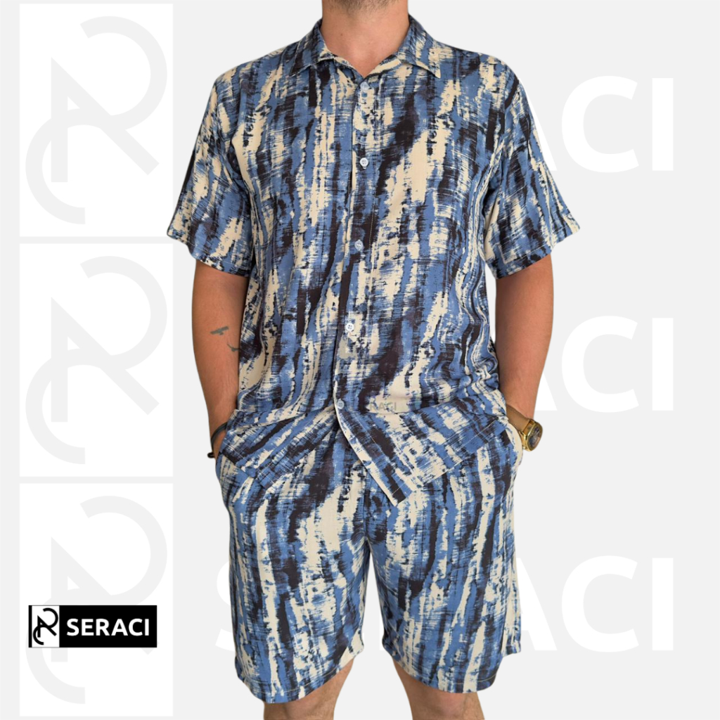 SERACI - one set kemeja pria dan wanita setelan celana pendek hawaii daily outfit pantai bahan rayon