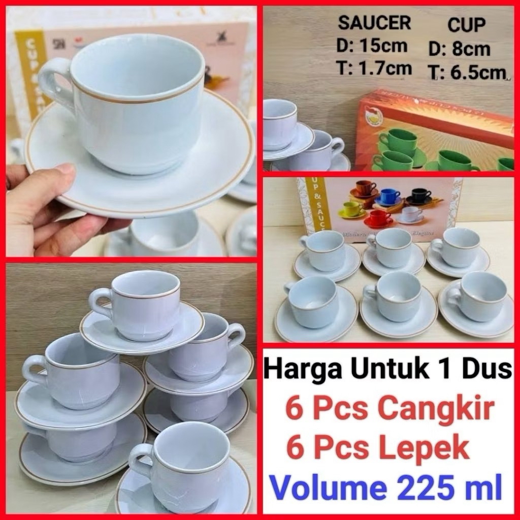 Cangkir kopi cangkir set keramik PUTIH LIST EMAS gelas kopi keramik Harga untuk 1 Dus (Isi 6 Set)