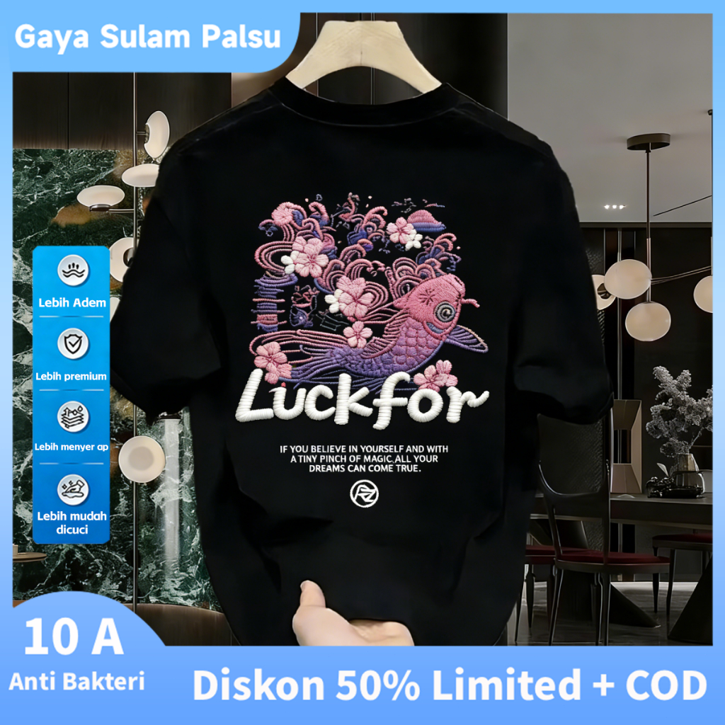 Kaos Pria Katun Lengan Pendek Gaya Bordir Palsu Terbaru 2026 | Model Longgar Brand Keren Versatile |