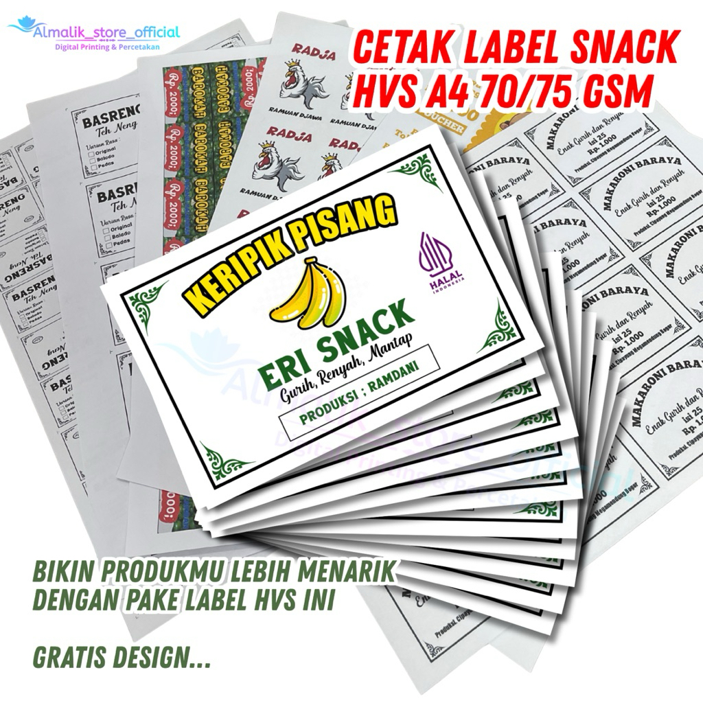 Cetak Label Kemasan Makanan Bahan Kertas HVS Label Snack Label Cemilan Custom Nama Produk Sendiri