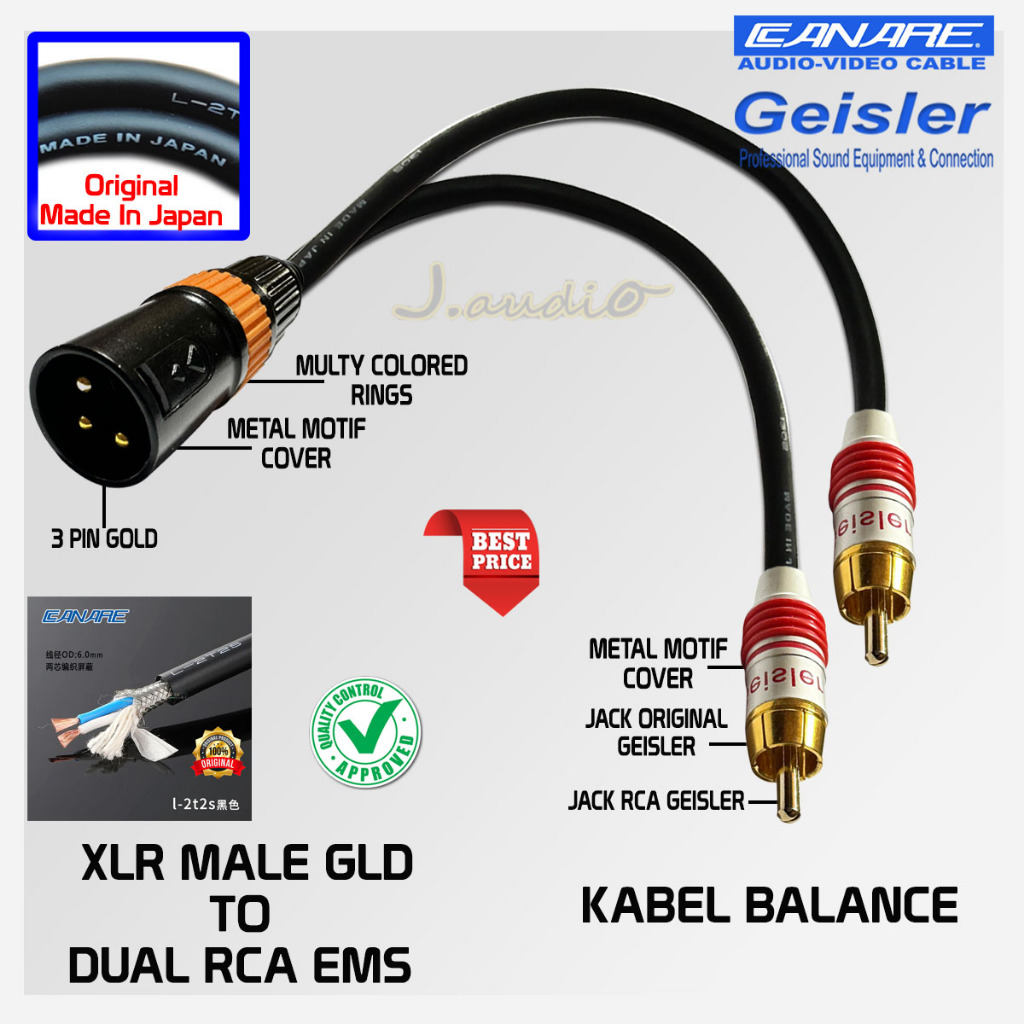 MADE IN JAPAN 2 CABANG - Kabel audio / kabel speaker Balance 1x XLR Male GLD to 2x RCA EMS GEISLER -