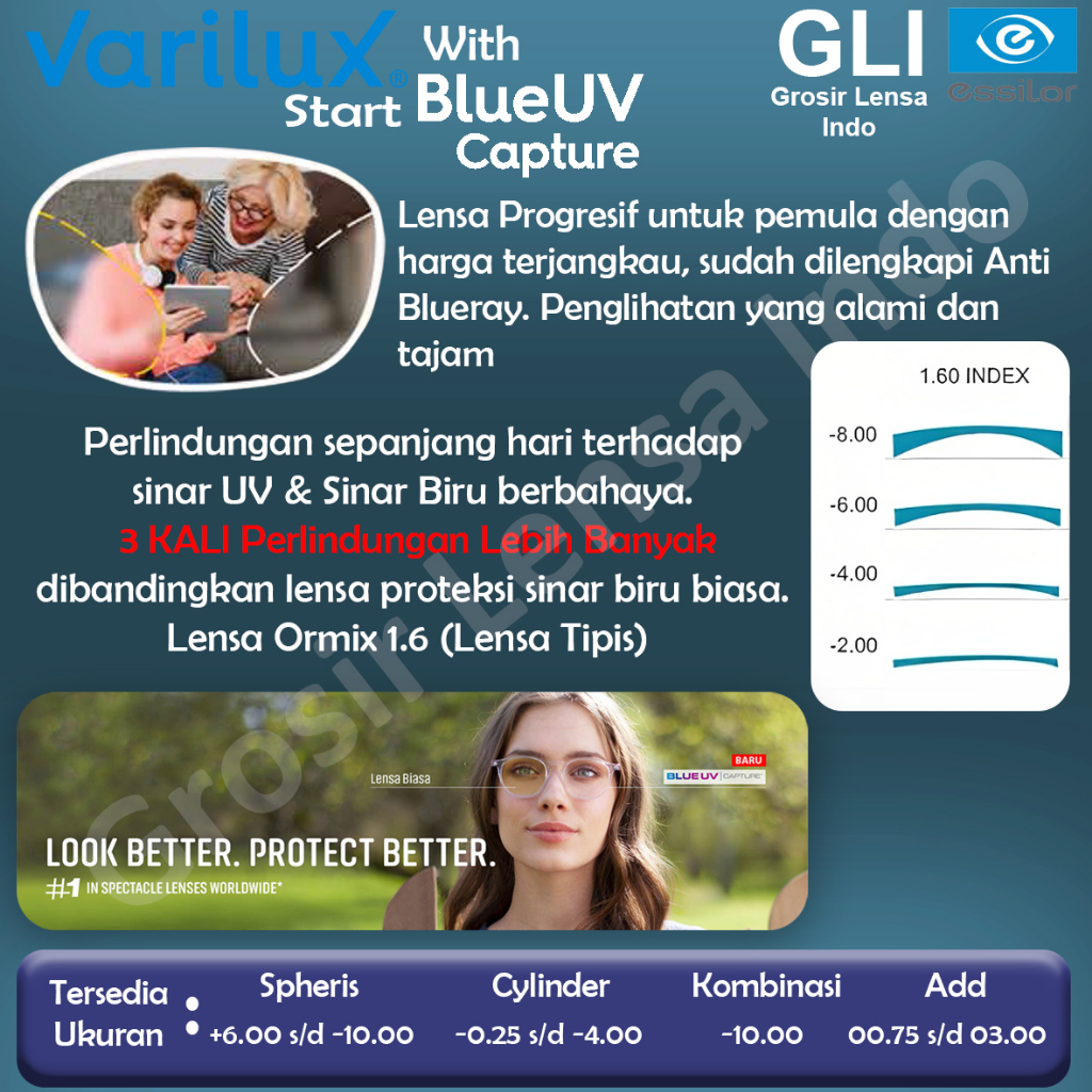 Lensa Kacamata Essilor Varilux Start Blue UV Capture 1.6 Ormix Crizal Easy / Rock / Sapphire