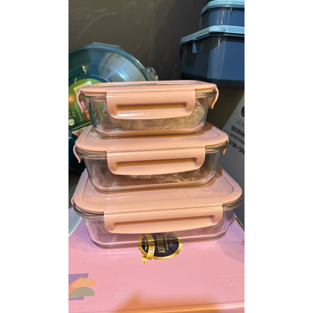 Set Wadah Makanan Pyrex Kaca Tebal - Rosegold, Anti Bocor, Tahan Panas