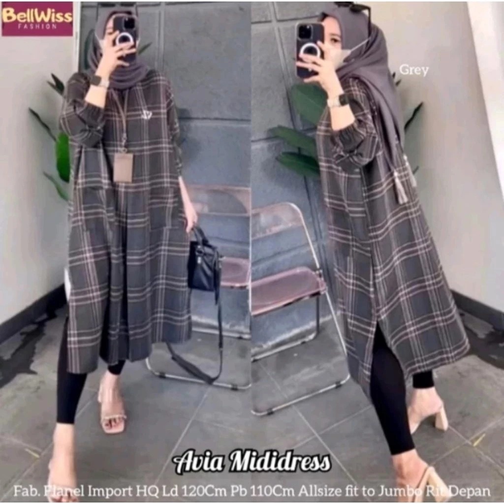 Long Tunik Wanita Motif Kotak Model Simple