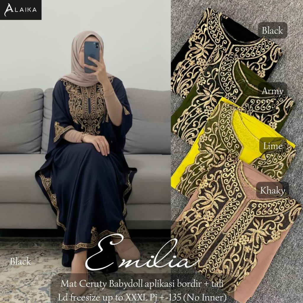Emilia Gamis Kaftan Jumbo Original ALAIKA Ceruty Babydoll Premium Mewah Aplikasi Bordir Gold Tali In