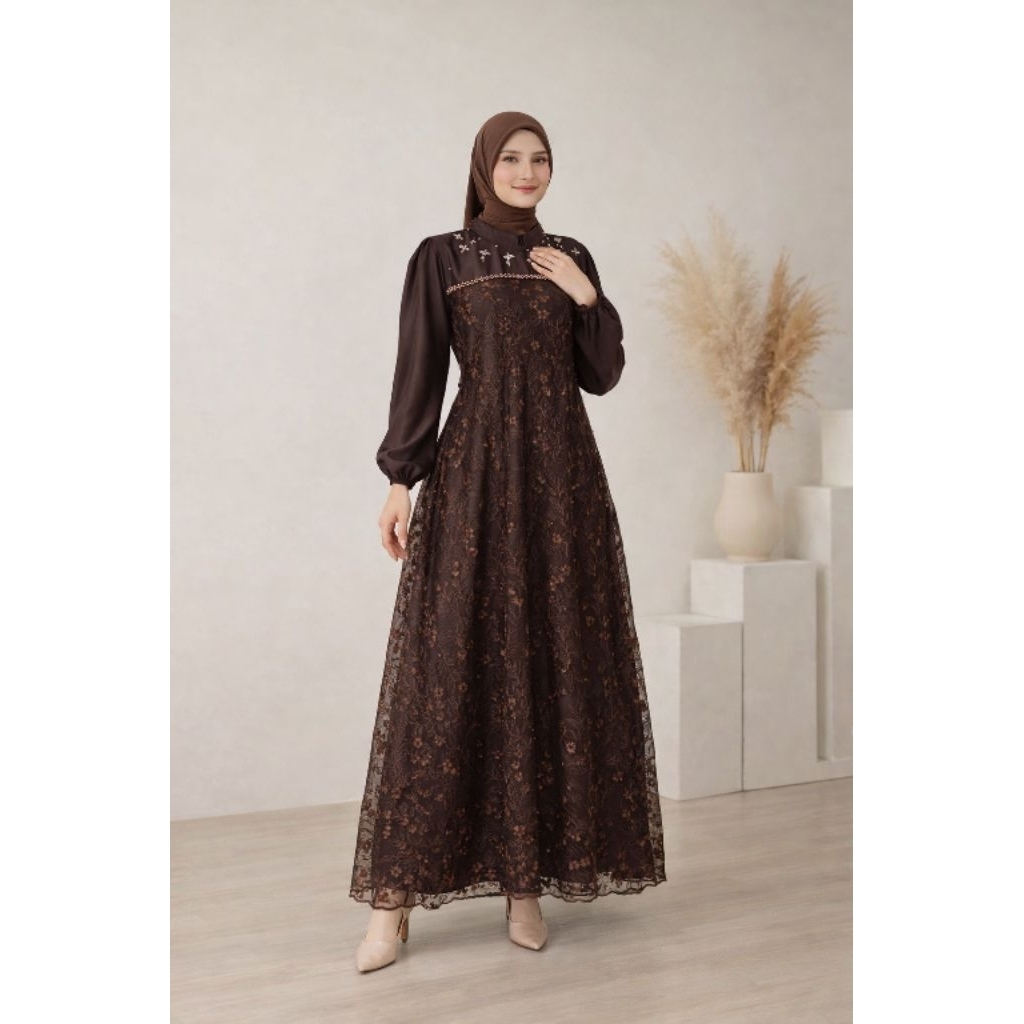 Manda Dress Luxury -Gamis Brokat Mewah Wanita Muslim Elegan | Dress Pesta Modern Polos Model Terbaru