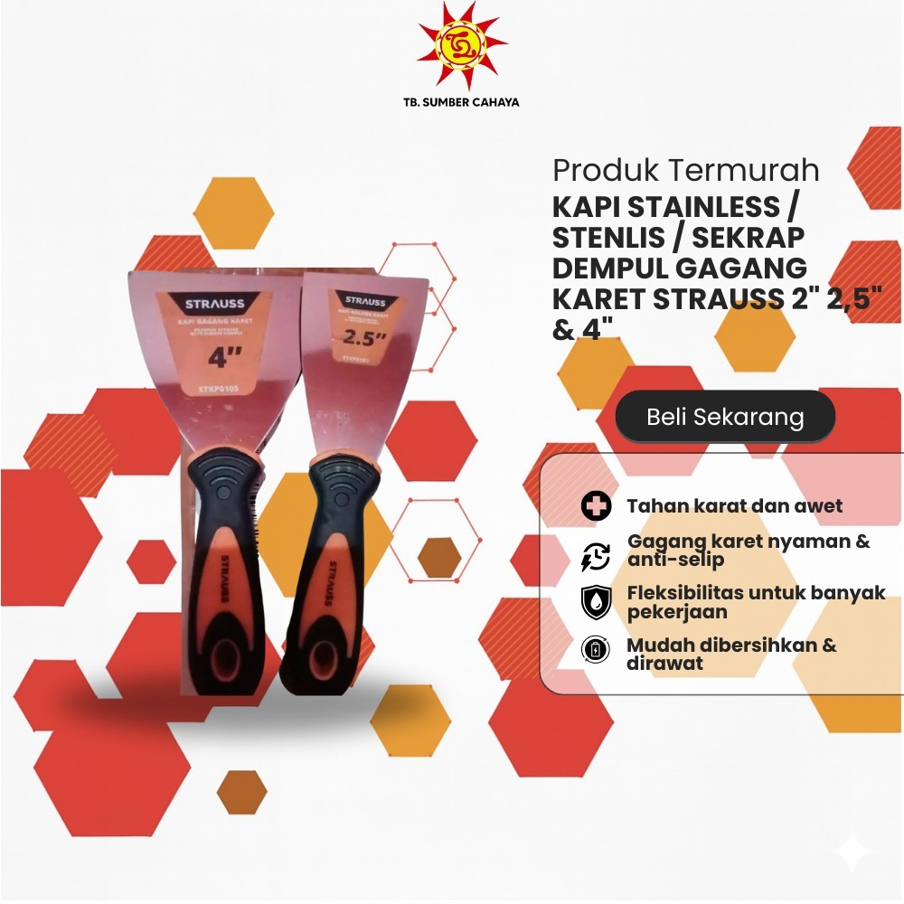 Kapi Stainless / Stenlis / Sekrap dempul Gagang Karet STRAUSS 2"  2,5" & 4"