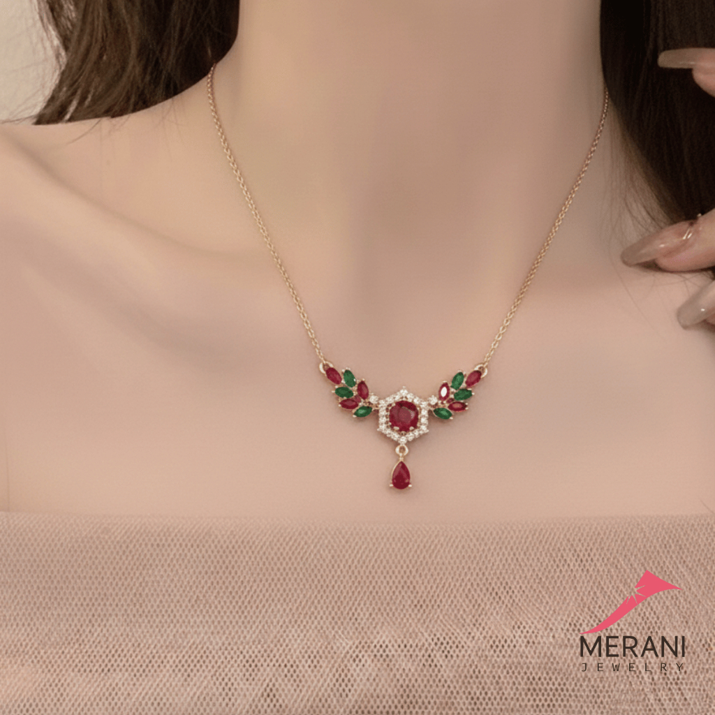 Merani Jewelry Kalung Koye Permata Daun Ruby Titanium Lapis Emas Anti Karat 109