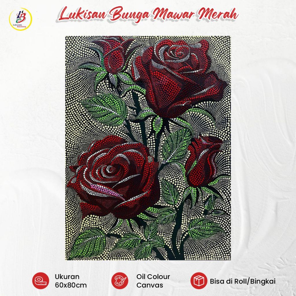 Lukisan Bandung Bunga Mawar Merah 60x80cm Lukisan Kanvas Dot Art Handmade