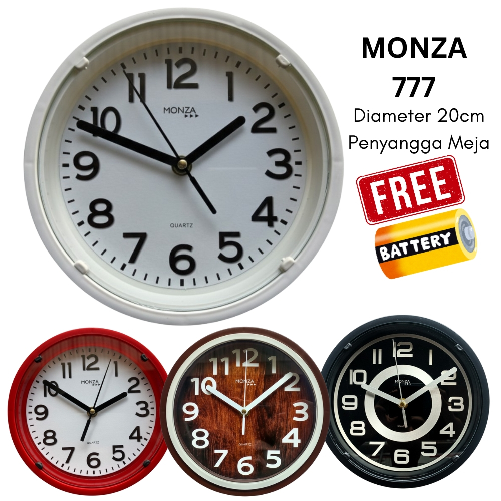 MONZA 777 Jam Dinding dan Meja Diameter Kecil 20cm Quartz Elegan Polos Motif Kayu Free Baterai