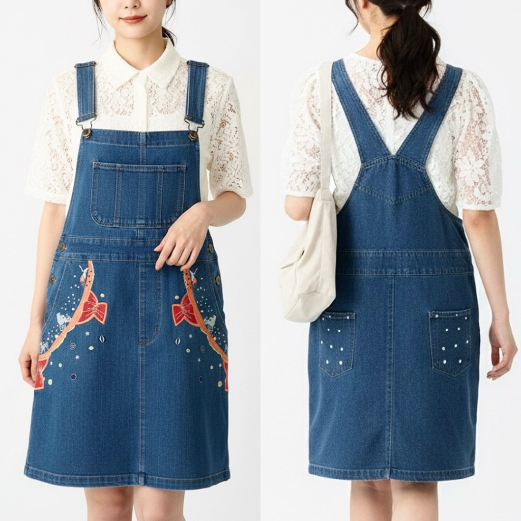 OVERALL DRESS DENIM JEANS MIDI KANTONG BORDIR PITA KOREA IMPORT
