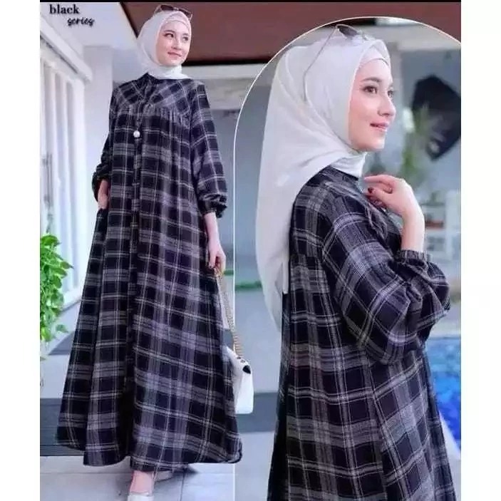 Gamis Katun Rayon Motif Kotak Premium Jumbo Adem & Nyaman LD 120-140 Cm