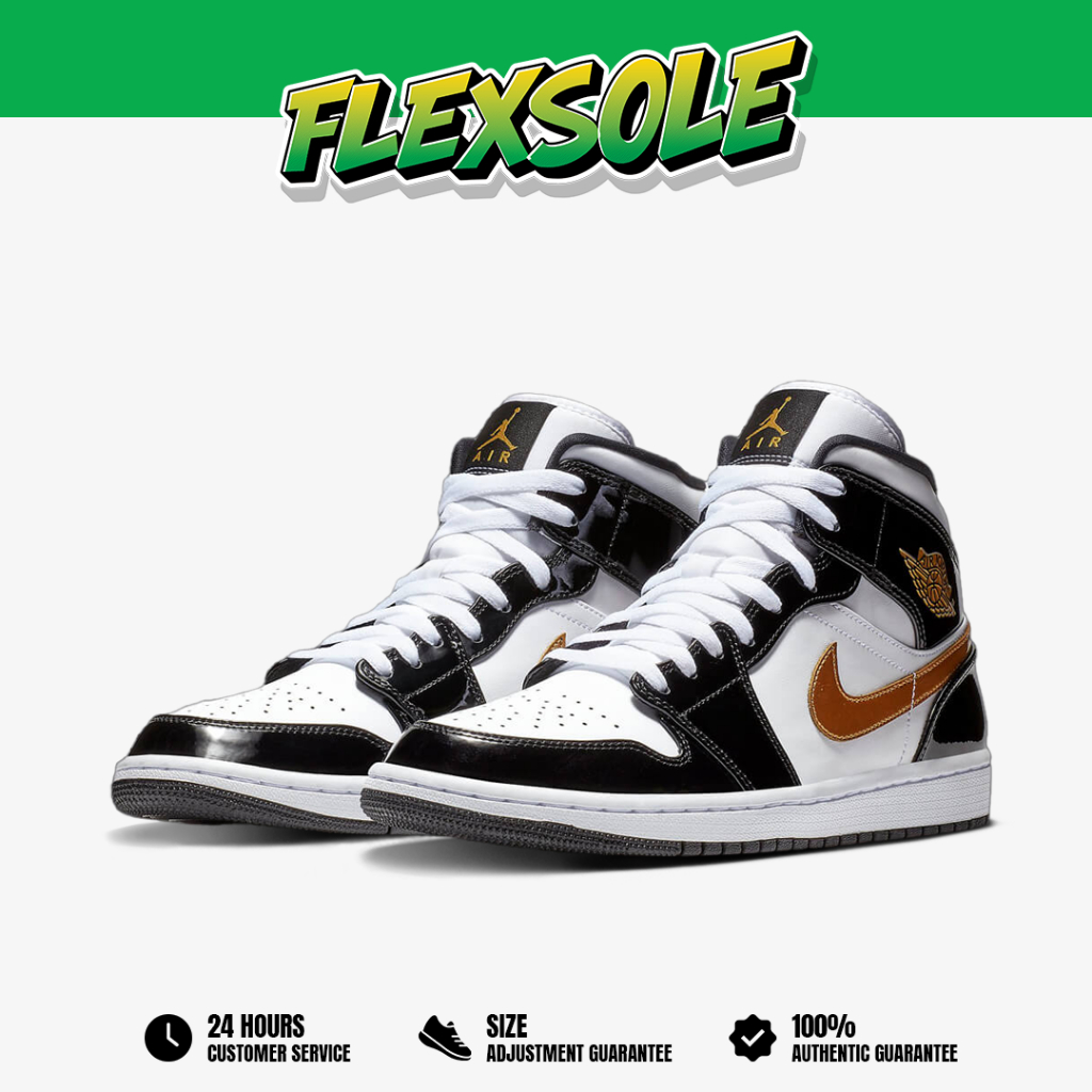 Nike Air Jordan 1 Mid Patent Black White Gold Black Gold Authentic