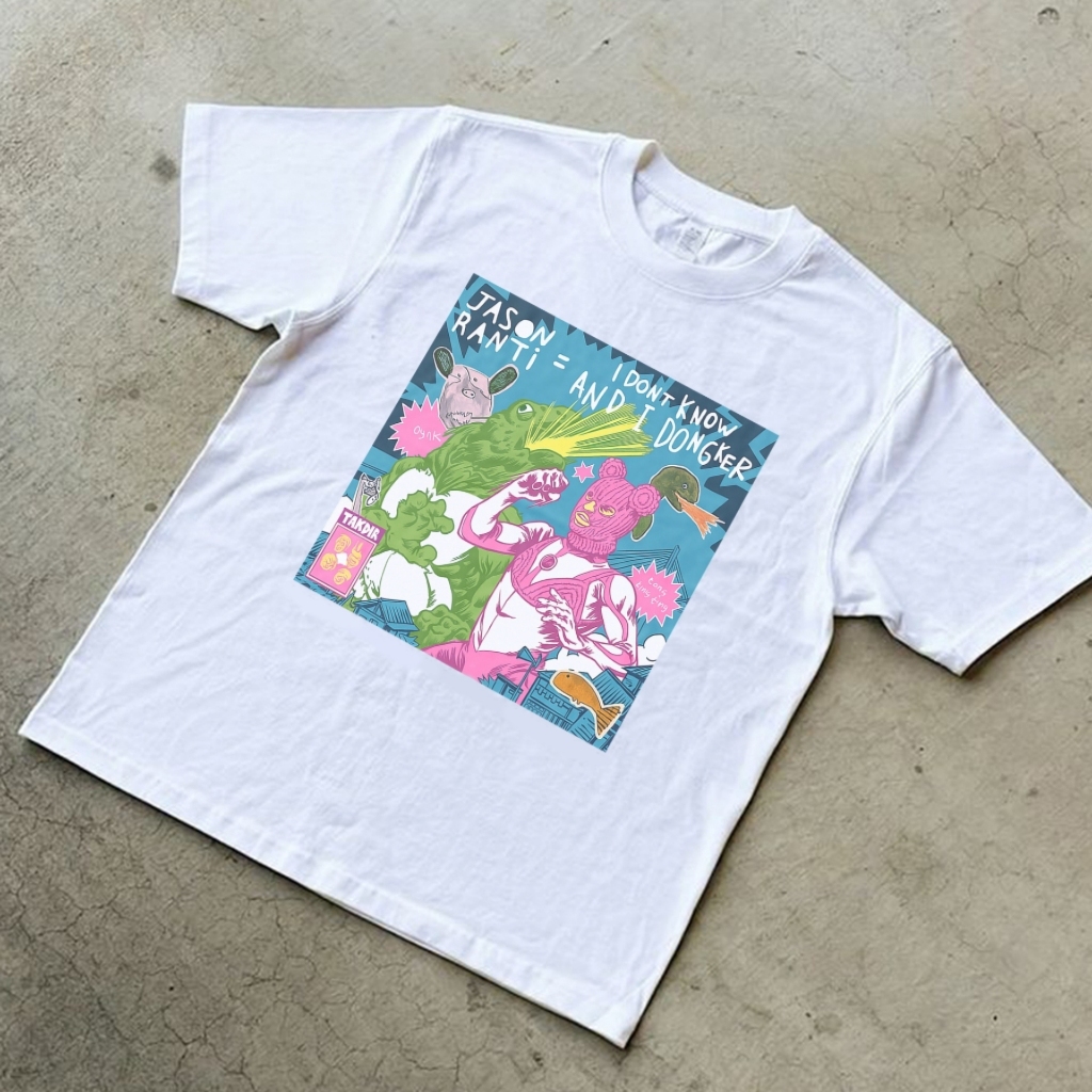 Kaos Band Jason Ranti X Dongker Putih Desain Merchandise Jason Ranti X Dongker Cotton Combed Premium