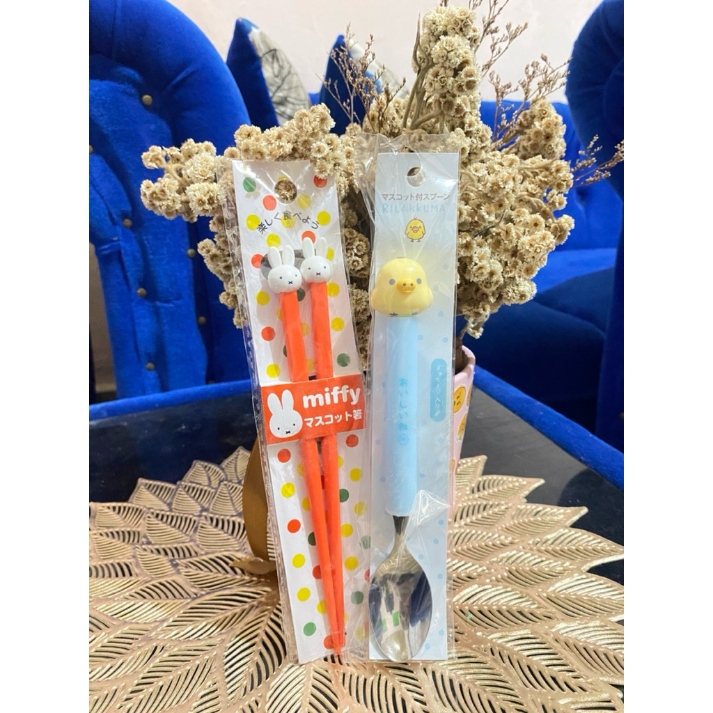 Kanesho Miffy mascot chopsticks and a Rilakkuma character spoon Sendok teh & Sumpit MADE IN JAPAN