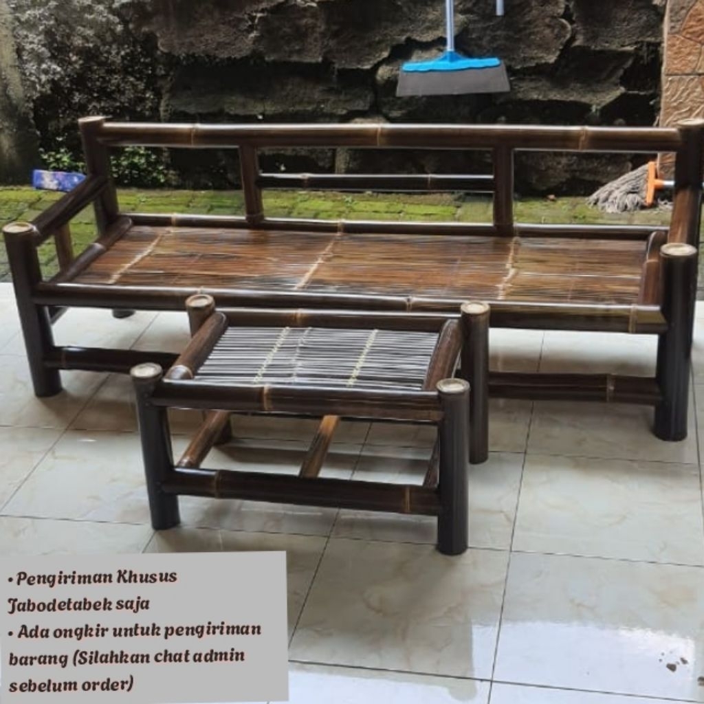 Kursi Panjang Bambu Hitam/Kursi Teras (Kursi panjang + Meja)