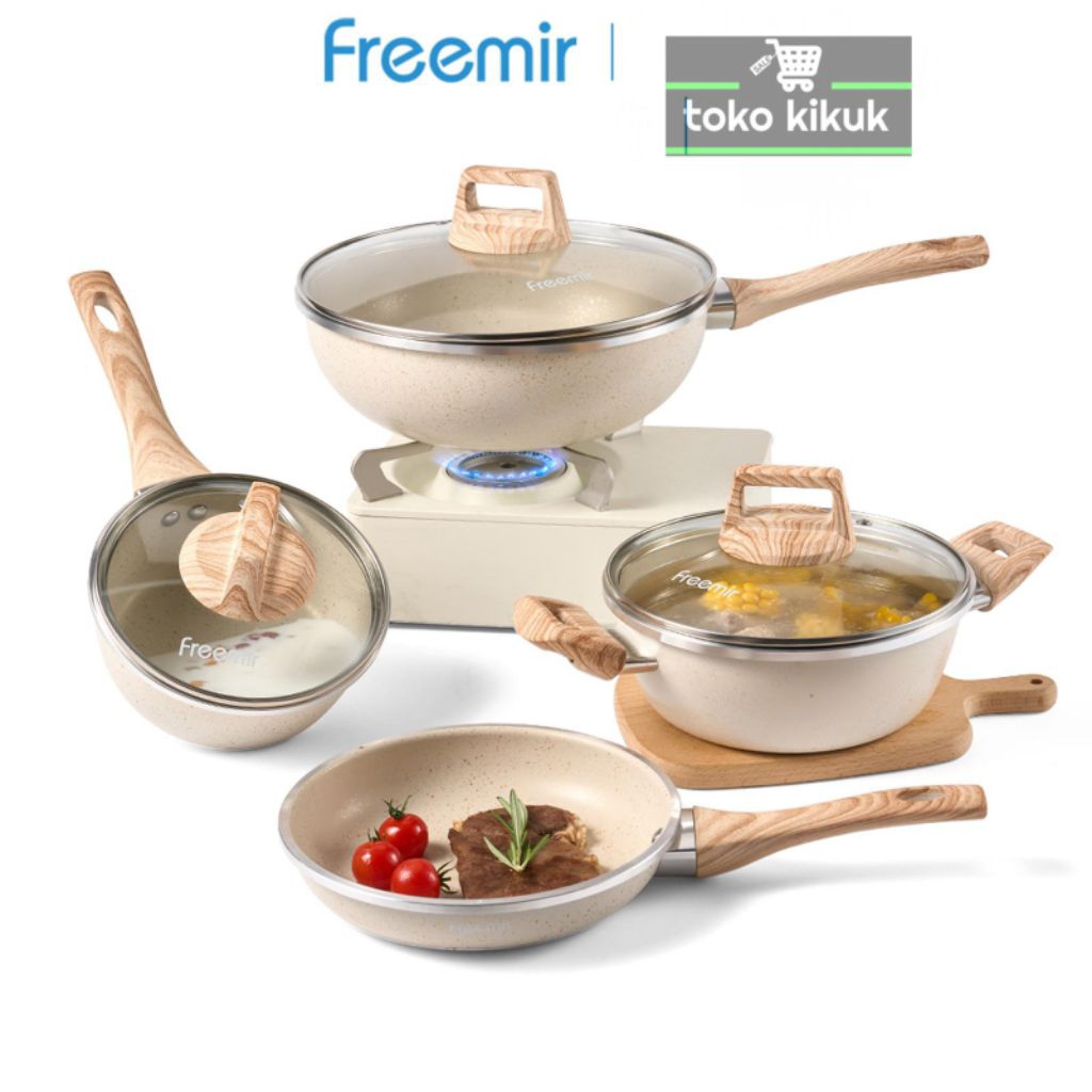 Freemir Panci Beige Premium Set 4 Pcs Panci Batu Granit / Marble Anti Lengket Tutup Kaca