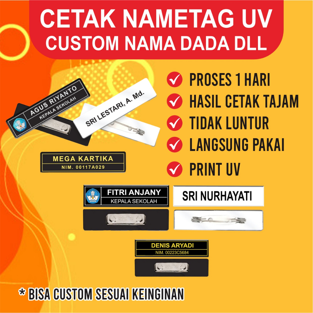 Custom Name Tag Nama Dada UV Name Tag Akrilik UV Anti Luntur Bisa Custom Satuan