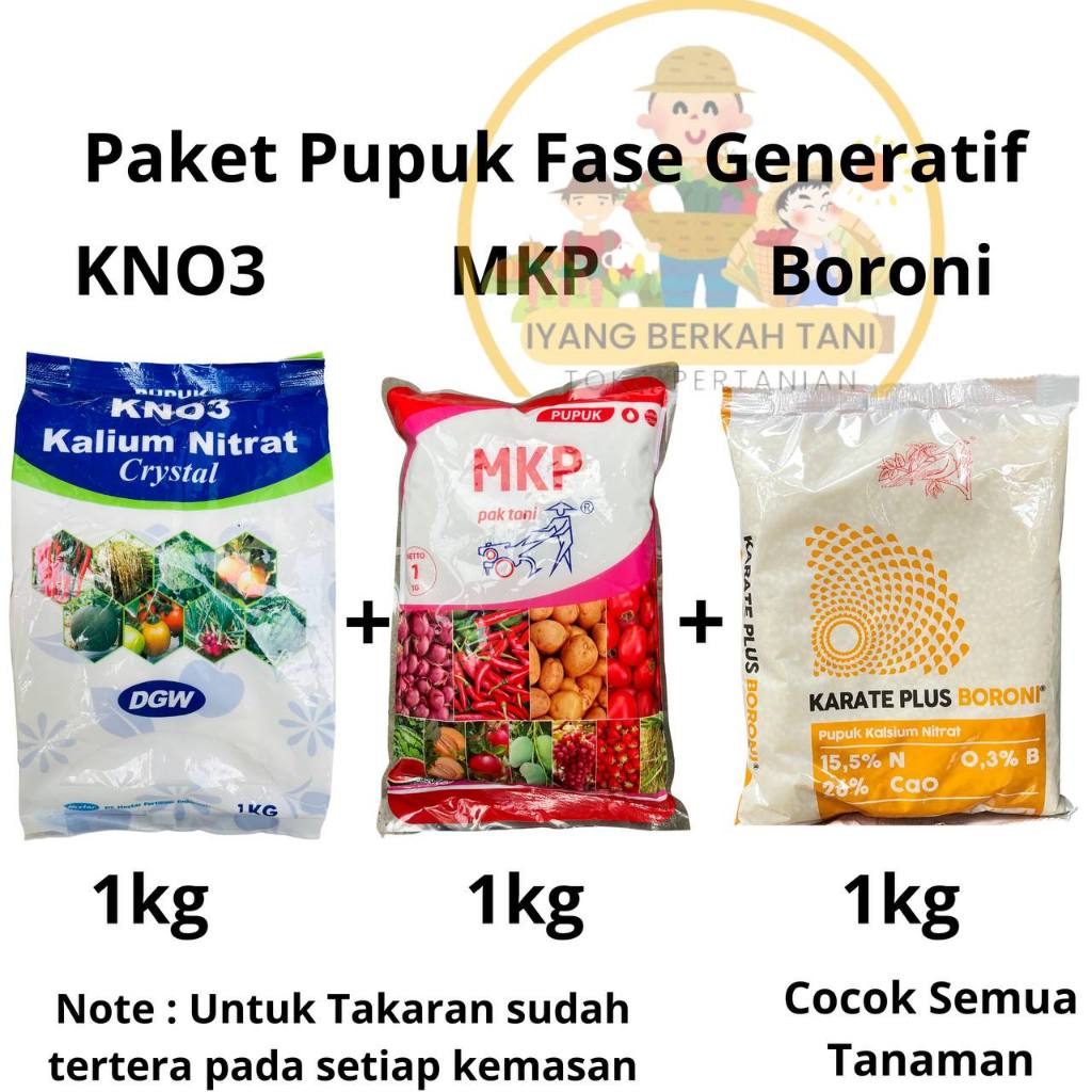 Pupuk KNO3 MKP Paket Pupuk KNO3 MKP BORON kemasan 3 Kg untuk fase generatif / masa pembuahan dan pem