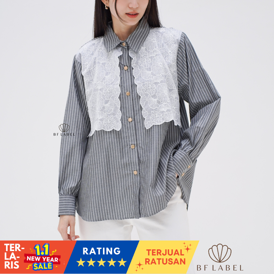 BF Label - NIKITA SHIRT | Striped with Embroidery | Kemeja Wanita Stripe dengan Renda Mewah