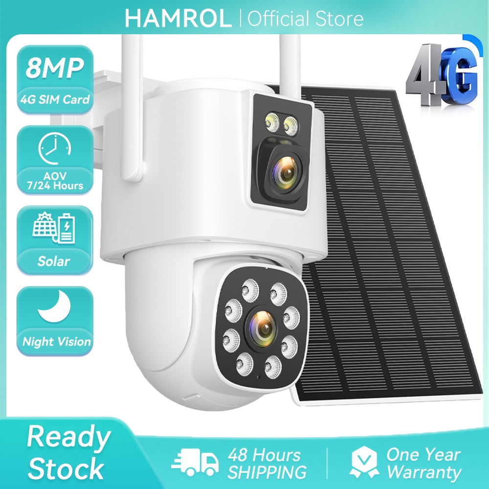 Hamrol 8MP Outdoor 4G SIM/2.4WIFI Solar Kamera PTZ WiFi Camera With 12000mAH Battery AOV CCTV Camera