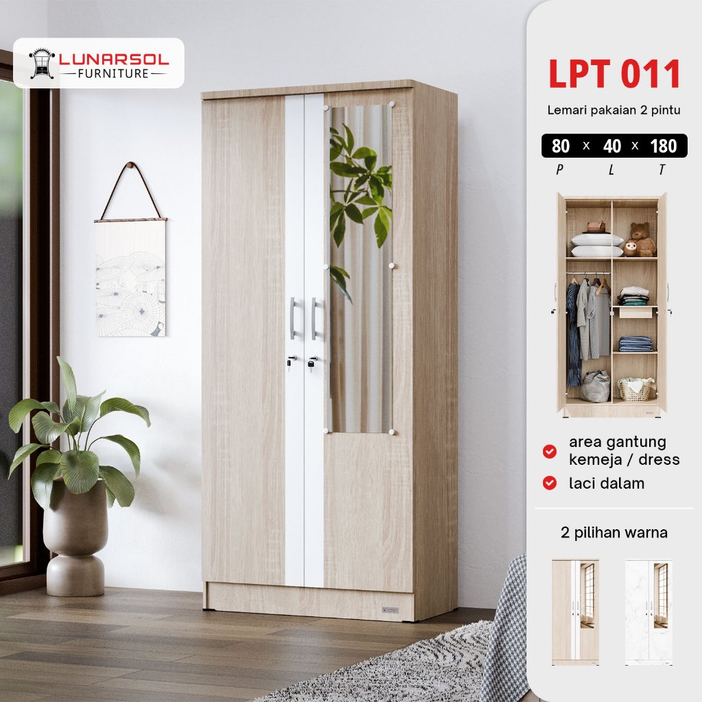 Lemari Pakaian 2 Pintu Cermin Lunarsol LPT 011 - Wardrobe Minimalis Modern (80x180)