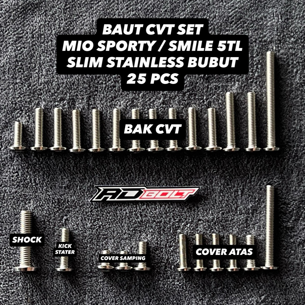 BAUT BAK BLOK CVT MIO SPORTY SMILE 5TL SET COVER TUTUP SAMPING DAN ATAS SLIM FULL STAINLESS STENLIS 