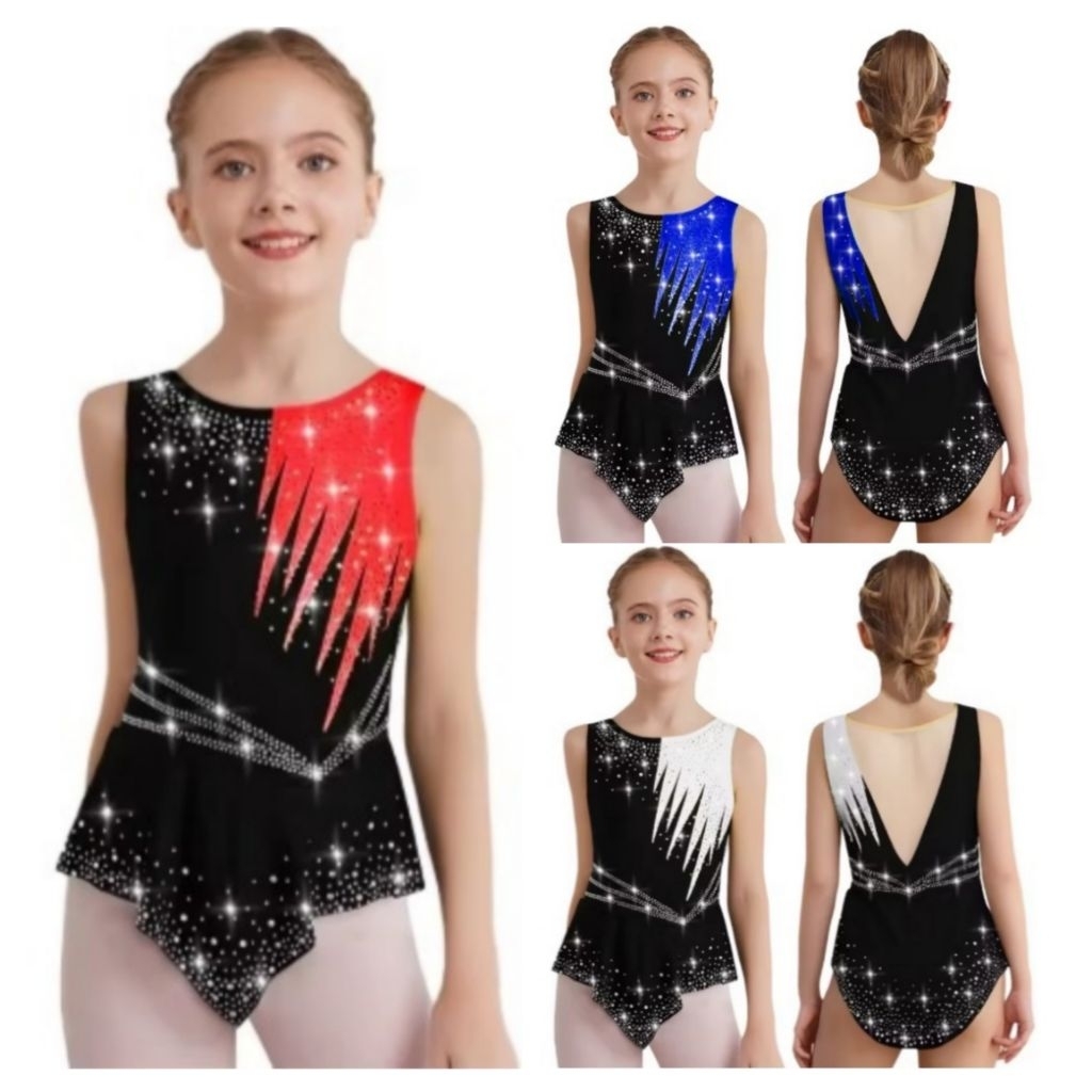 Baju Senam Artistik Anak Perempuan dengan Motif Ice Skating, Kostum Gymnastic Anak Usia 5-16 Tahun