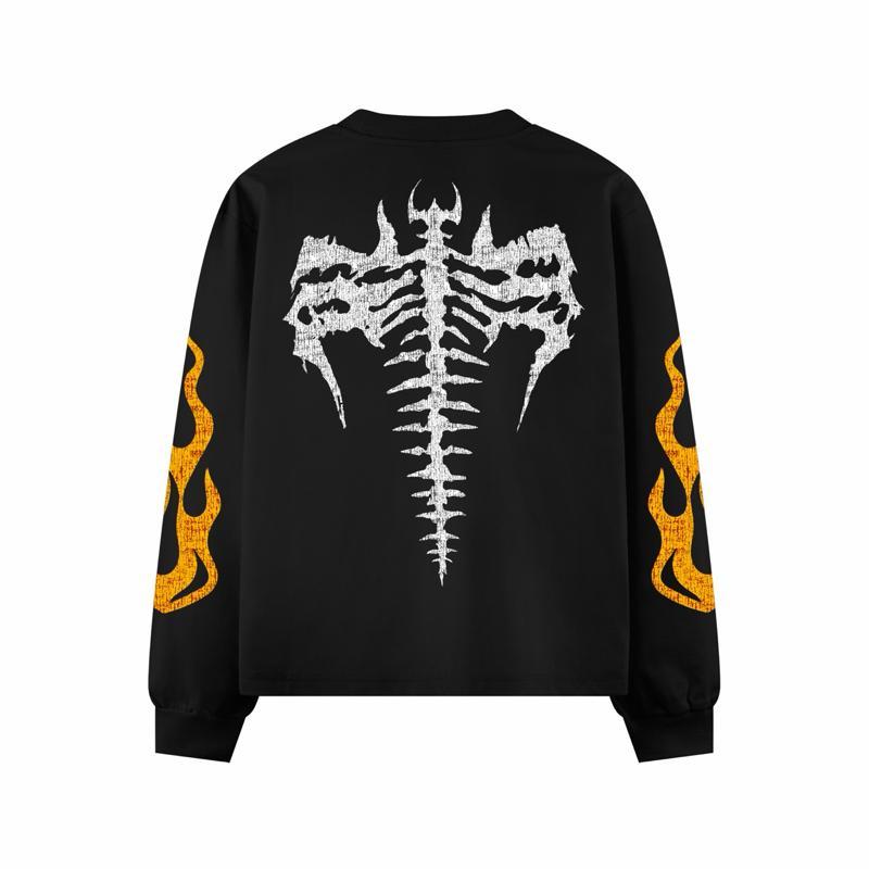 WRLD STUDIOS | Long Sleeve Boxy Oversized Tshirt Bone Fire Black 20s