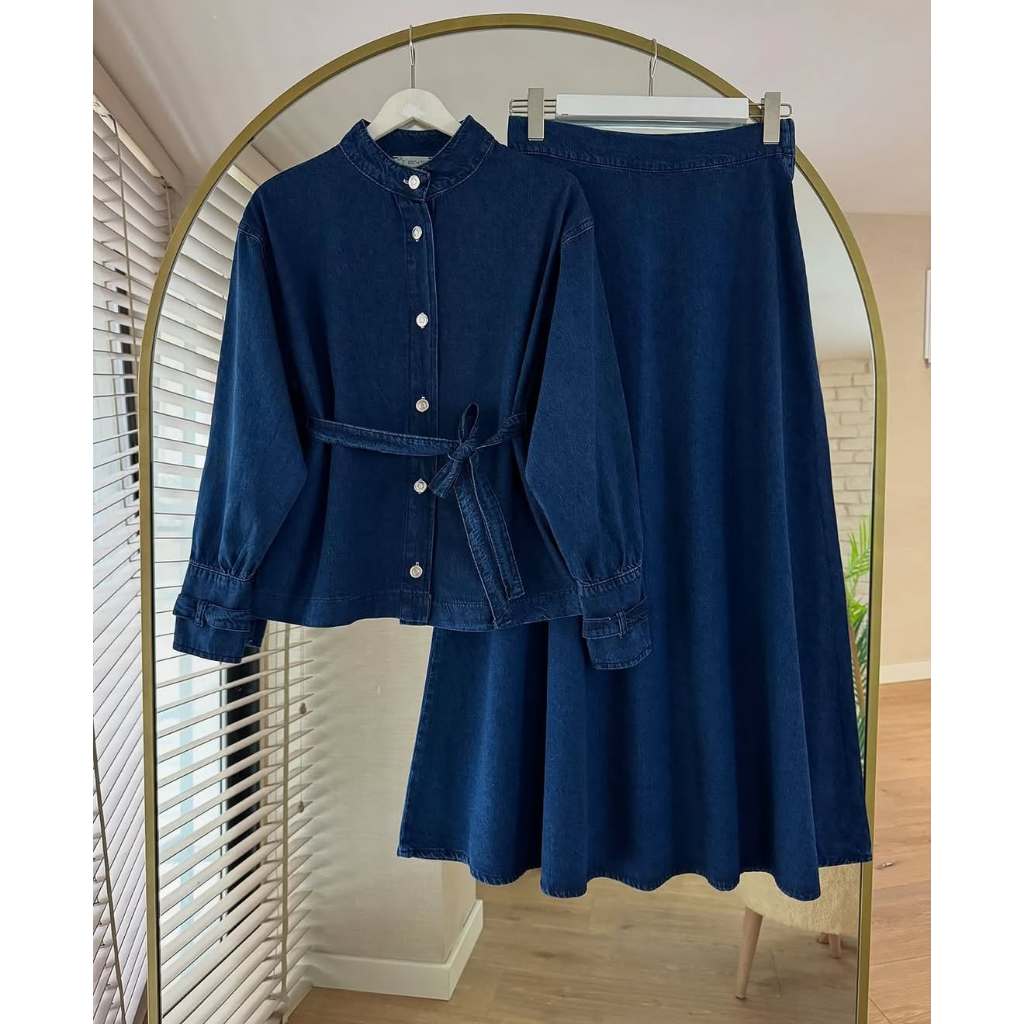 Setelan Rok Jeans Denim Wanita Bahan Tebal dan Lembut One Set Kemeja Denim dan Rok Jeans Panjang