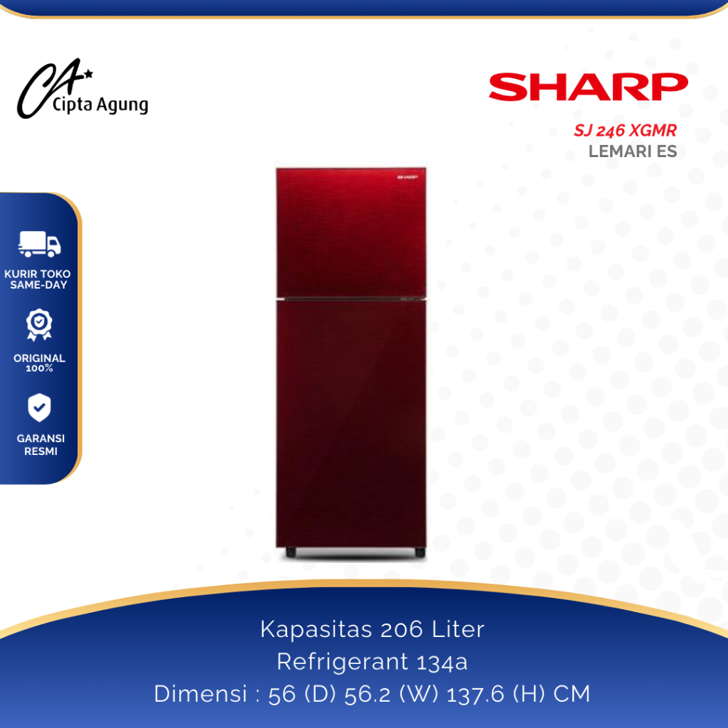 SHARP KULKAS 2 PINTU SHINE GLASS DOOR 205L 205 LITER  SJ-246XG SJ-246XG-MR SJ246XGMR SJ 246 XGMR SJ2