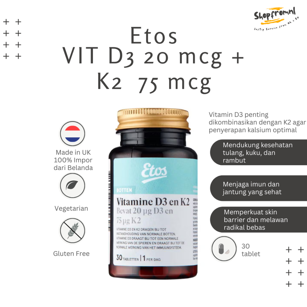 Etos Vitamin D3 20mcg + K2 75mcg | Isi 30 tablet | Vitamin D & K Original 100% Asli Belanda