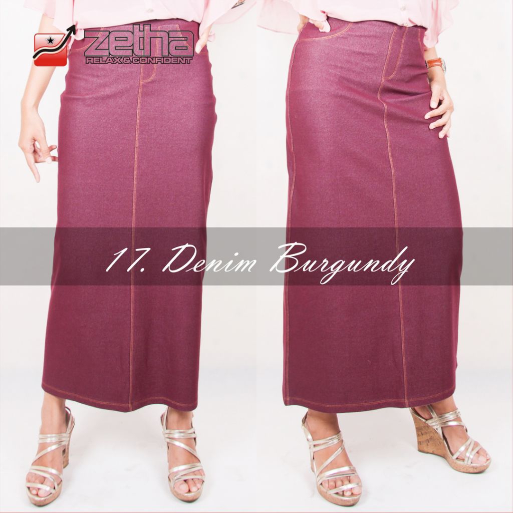 Rok Zetha Panjang Wanita Warna Denim Burgundy | Rok Kerja Kantor | Rok Denim | Rok Model A - Line | 