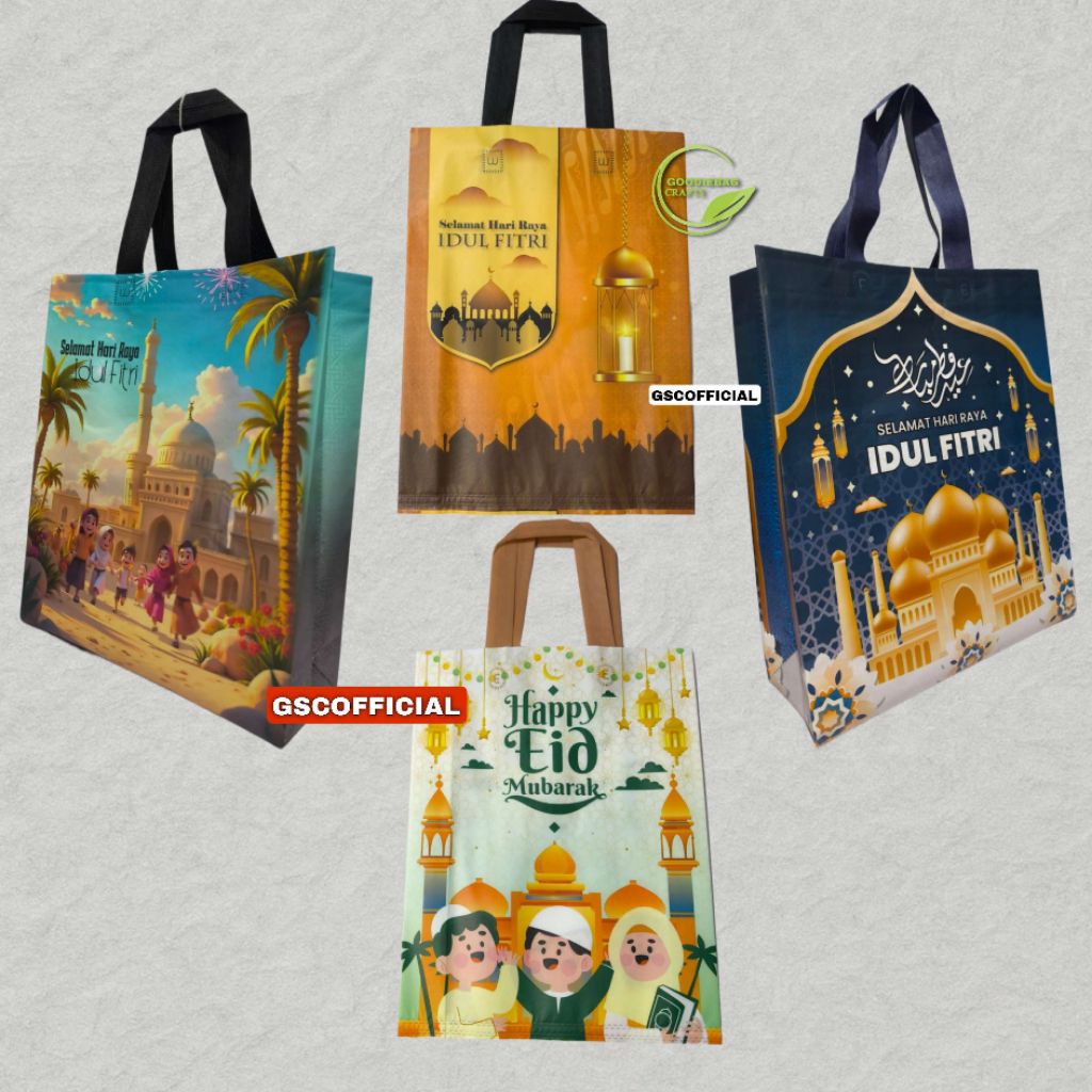 Lusinan Goodie Bag kantong kain Spunbond Motif Lebaran Idul Fitri Ukuran 30x40x10 cm, Cocok Untuk Pa