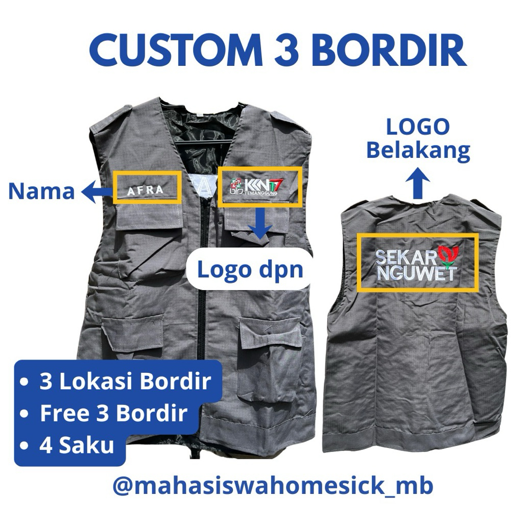 Rompi KKN custom 3 bordir - Rompi Custom 3 Bordir - Rompi Outdoor custom 3 bordir