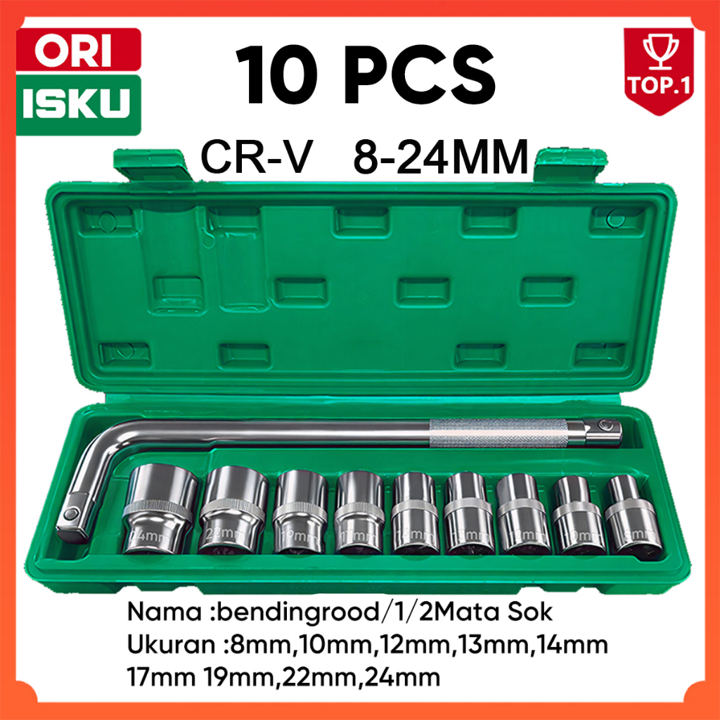 ISKU Kunci Sok Set 10 Pcs Gagang L 1/2 Inch 8-24mm Baja CR-V Asli Kunci Shock Socket Wrench Alat Ben