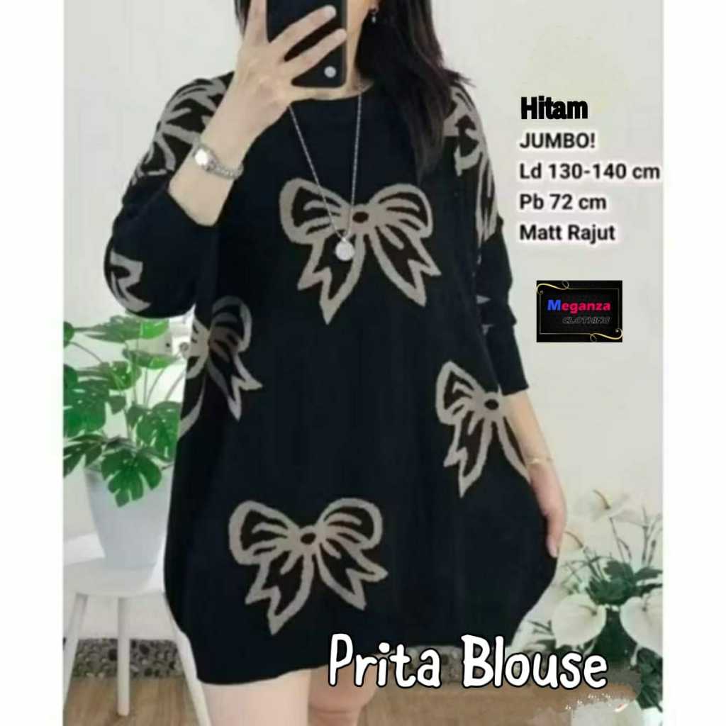 Pritta Blouse Atasan Wanita Lengan Panjang Original Meganza Clothing Rajut Import Motif Pita Jumbo O
