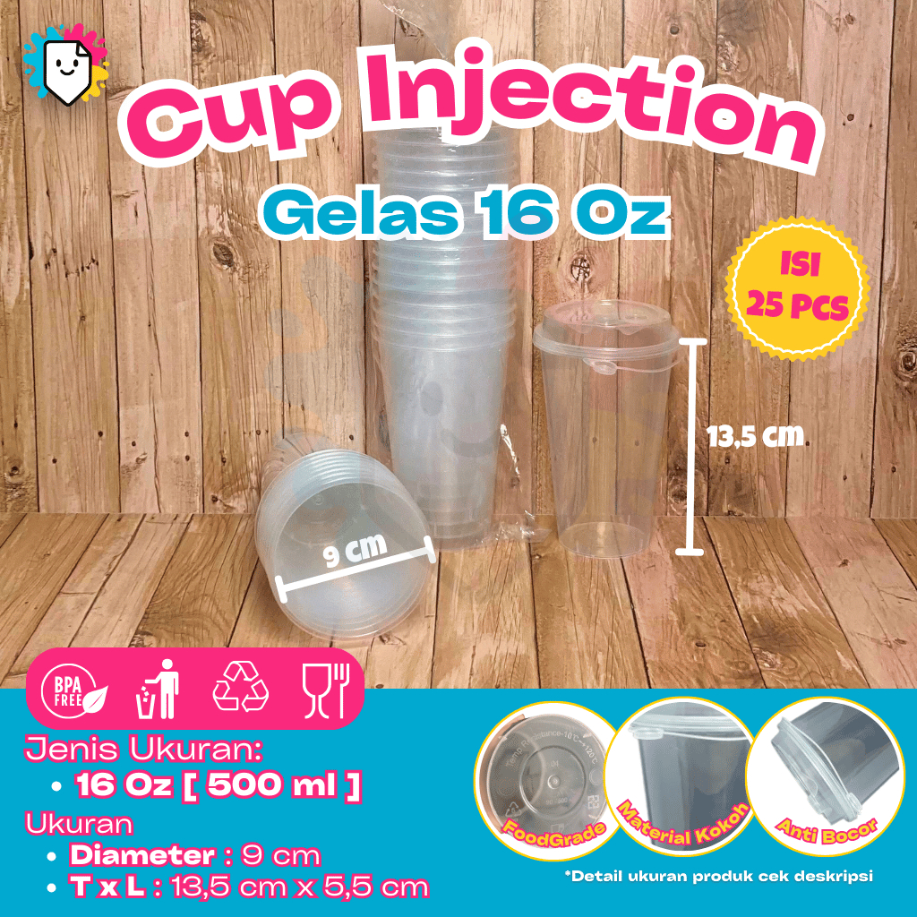 [Isi 25 PCS] Cup Injection 16oz Dan Tutup / Gelas Injection 16oz / Gelas Cup Injection / Cup / Cup I
