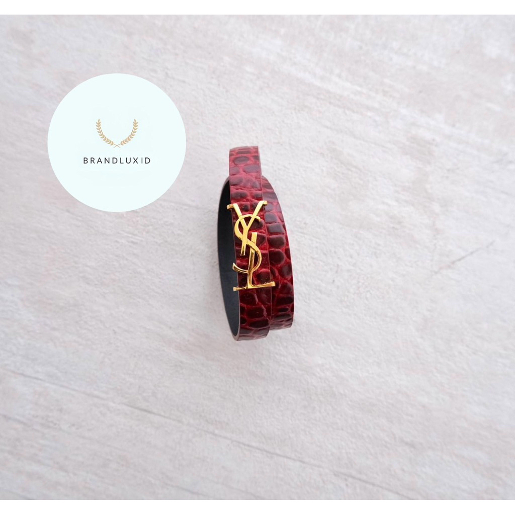 Saint Laurent / YSL Bracelet Double Tour Croco Print Embossed in Red Currant GHW