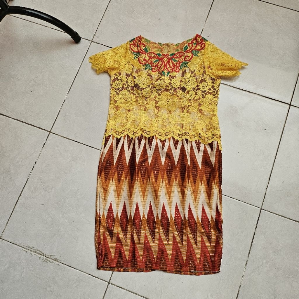 GAUN mini midi dress wanita brokat kuning mix batik zig zag coklat S cewek M lengan pendek MEWAH bod