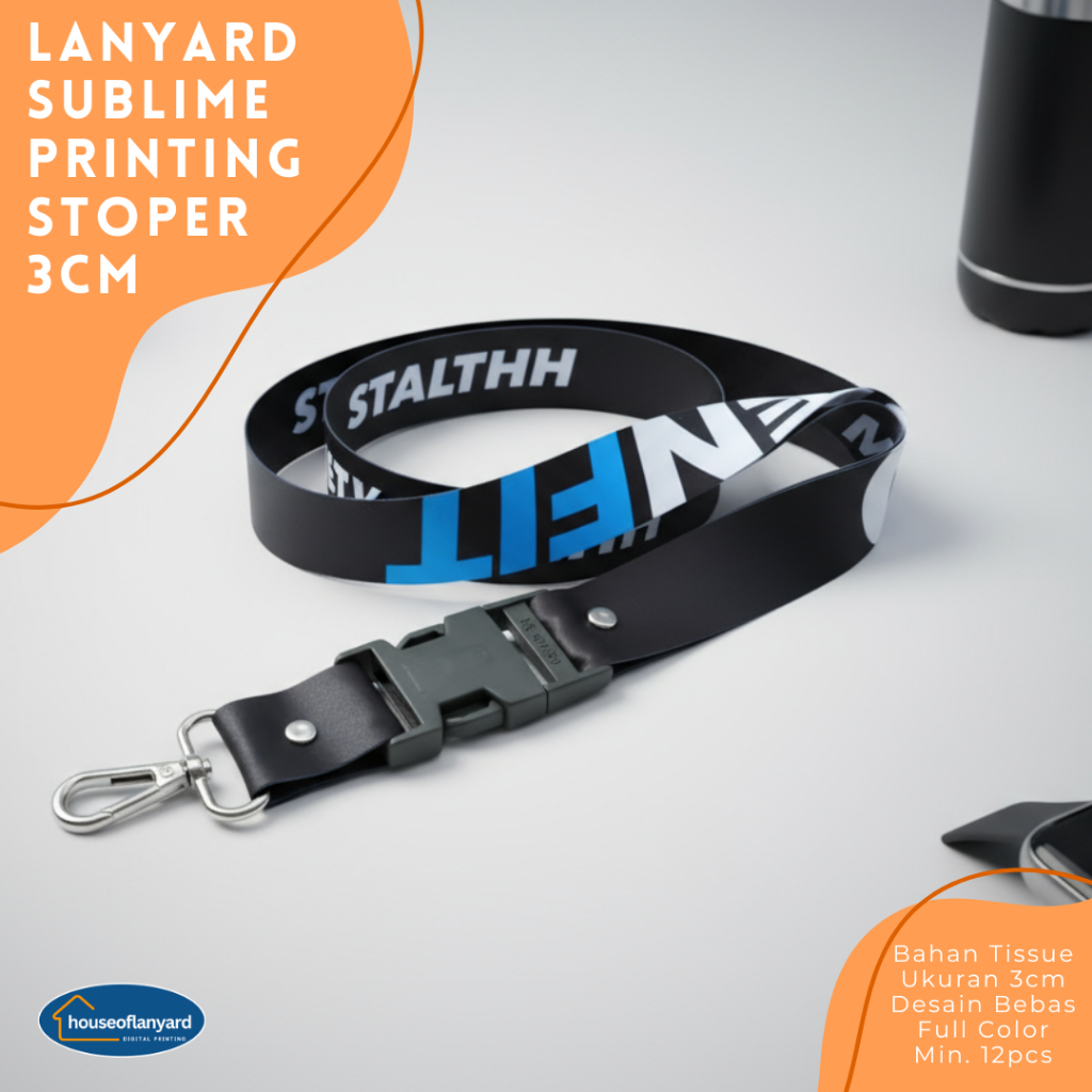 Lanyard 3cm 2sisi Stoper Custom Full Color Soft Tissue Stoper Mata Itik Jahit Tali Medali Dll
