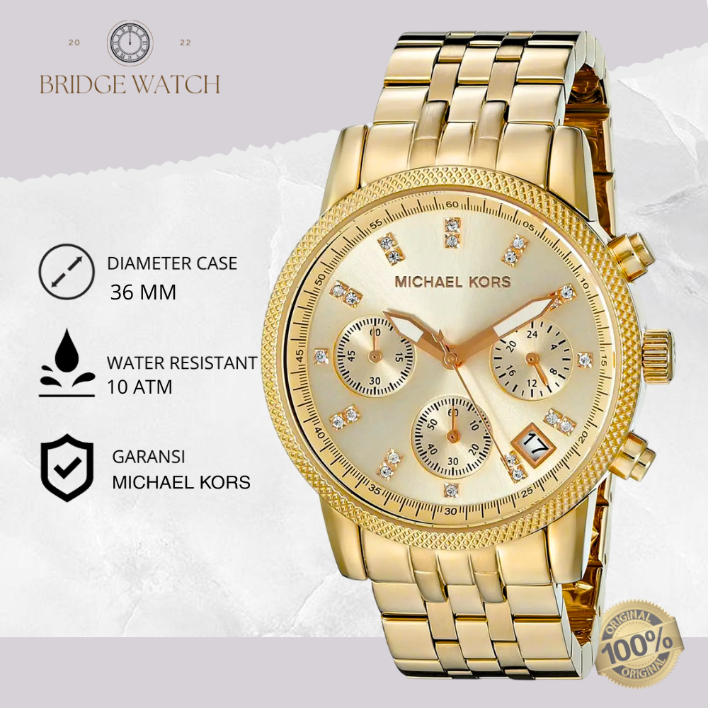 Jam Tangan Wanita Michael Kors MK5676 Original Analog Chronograph Gold Stainless Steel Strap Rantai 