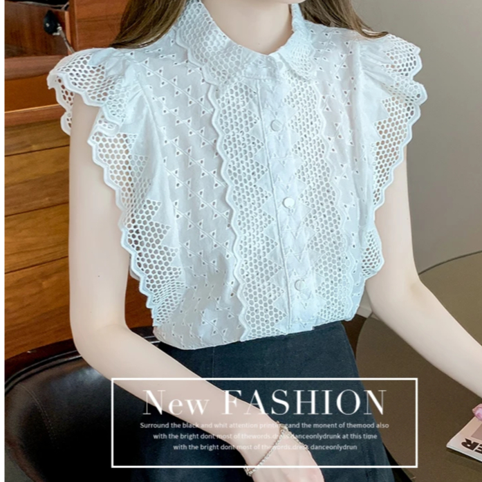 Blouse Wanita Korea Ruffle Brokat Premium Import | Atasan Lace Sleeveless Elegan & Feminine - Atasan