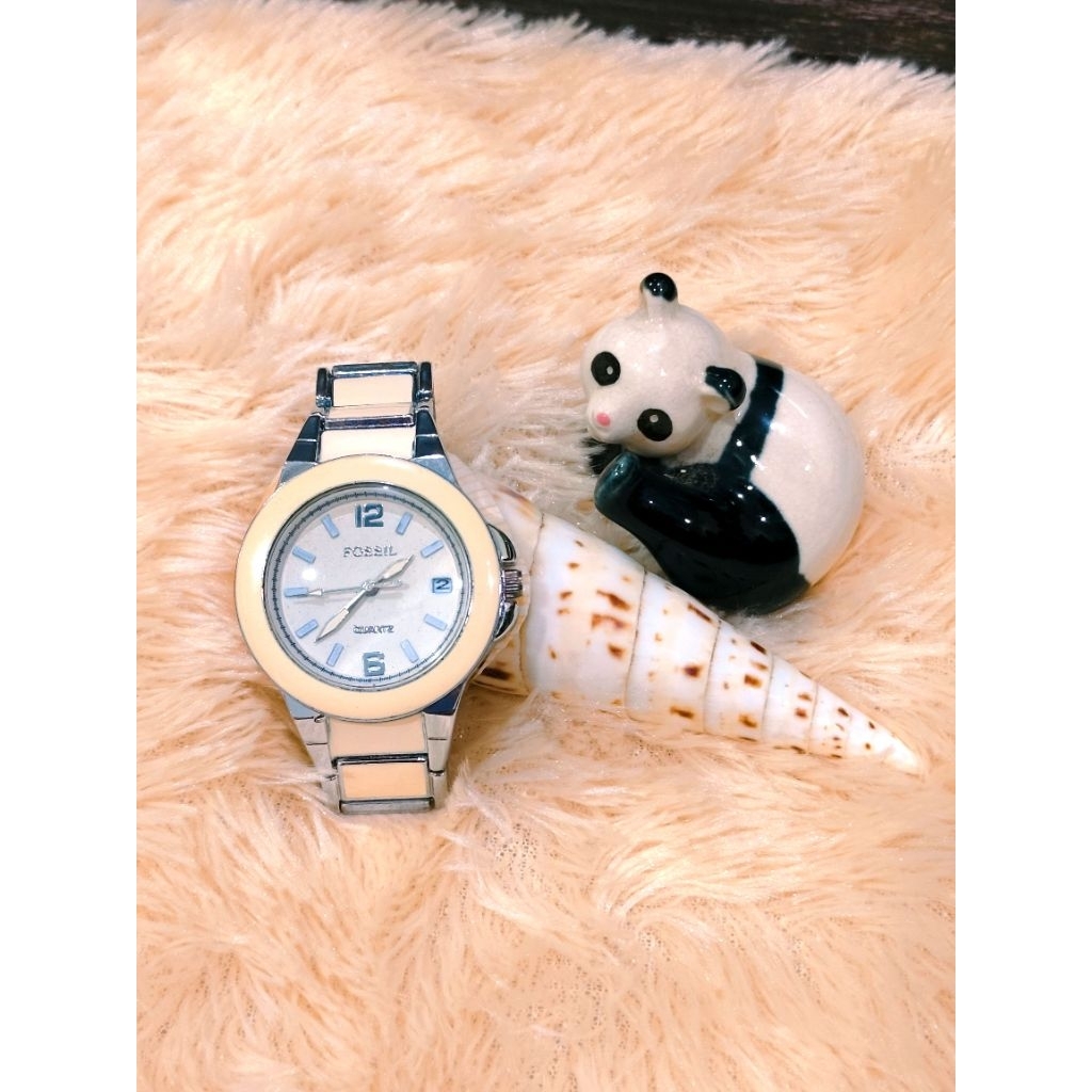 (With BOX) Fosil Ceramic Broken White Silver Quartz Analog Women Watch/ Jam Tangan Wanita Keramik Pu