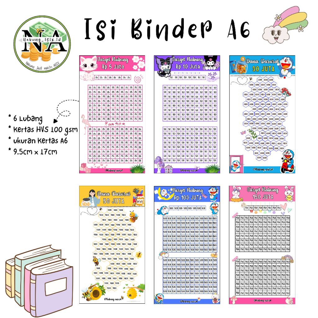Kertas Menabung, isi Binder A6, Target Nabung 5 juta, 10 juta, 30 juta, 50 juta, 100 juta, 150 juta 