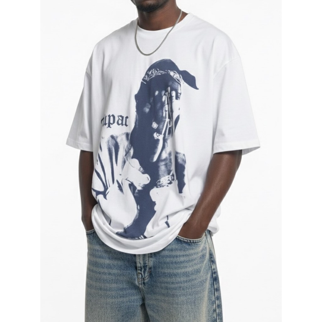 BERSHKA X TUPAC ME AGAINST THE WORLD WHITE T SHIRT (XL-XXL)