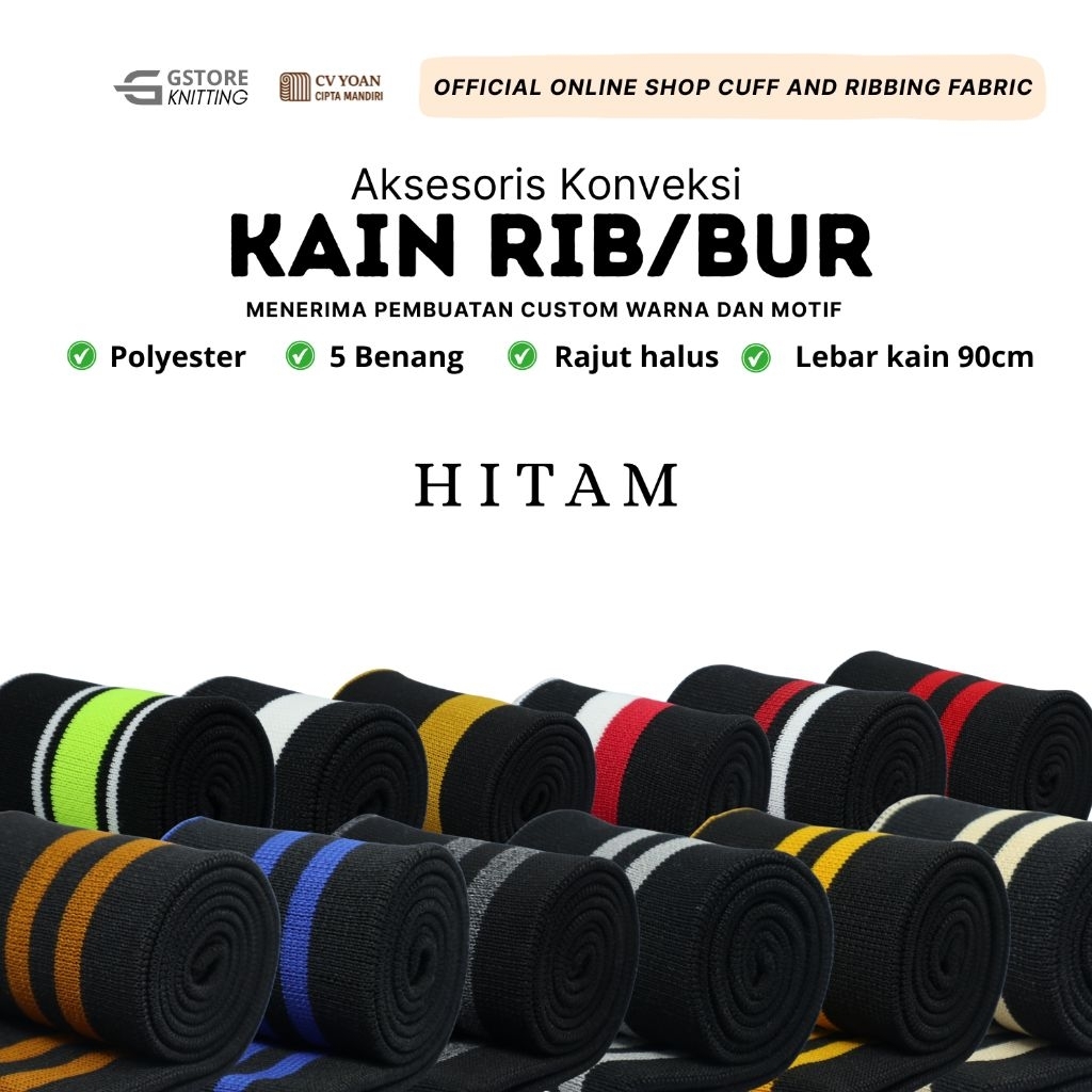 Kain RIB boor jaket hitam polyester rajut premium