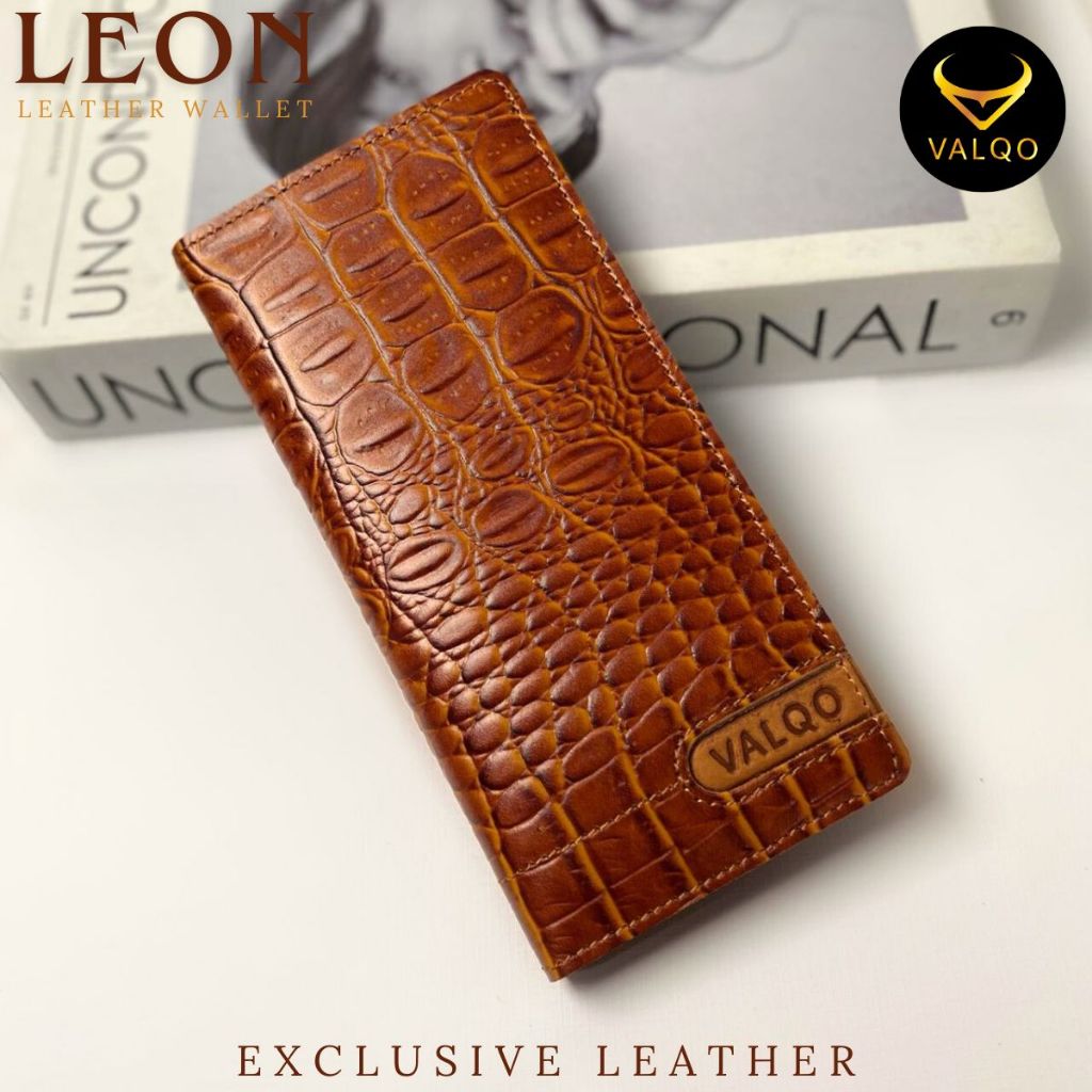 VALQO LEON Dompet Kulit Sapi Motif Buaya Pria Wanita Panjang Kartu Foto Cewek Cowok
