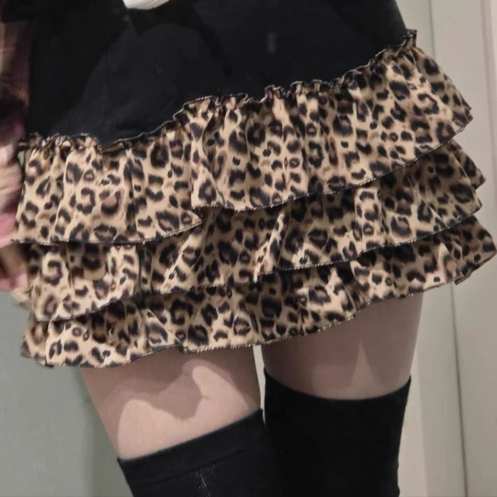Rok Pendek Wanita Motif Macan Tutul - Mini Skirt Tiered Ruffle Y2K Kekinian