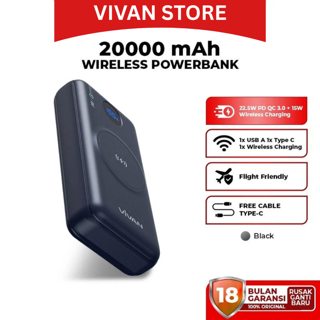 VIVAN VPB-W20 Powerbank 20000 Mah Wireless 3 Output